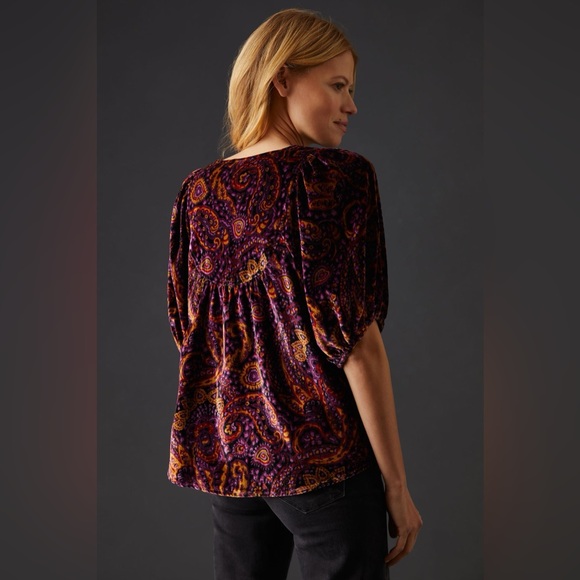 Anthropologie Puff-Sleeve Velour Peasant Paisley Blouse - Picture 4 of 13